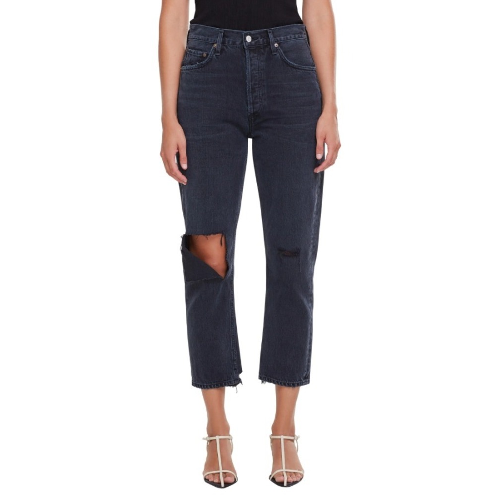AGOLDE Riley High Rise Straight Crop Jean Contraband Black Women Size 27 Ripped